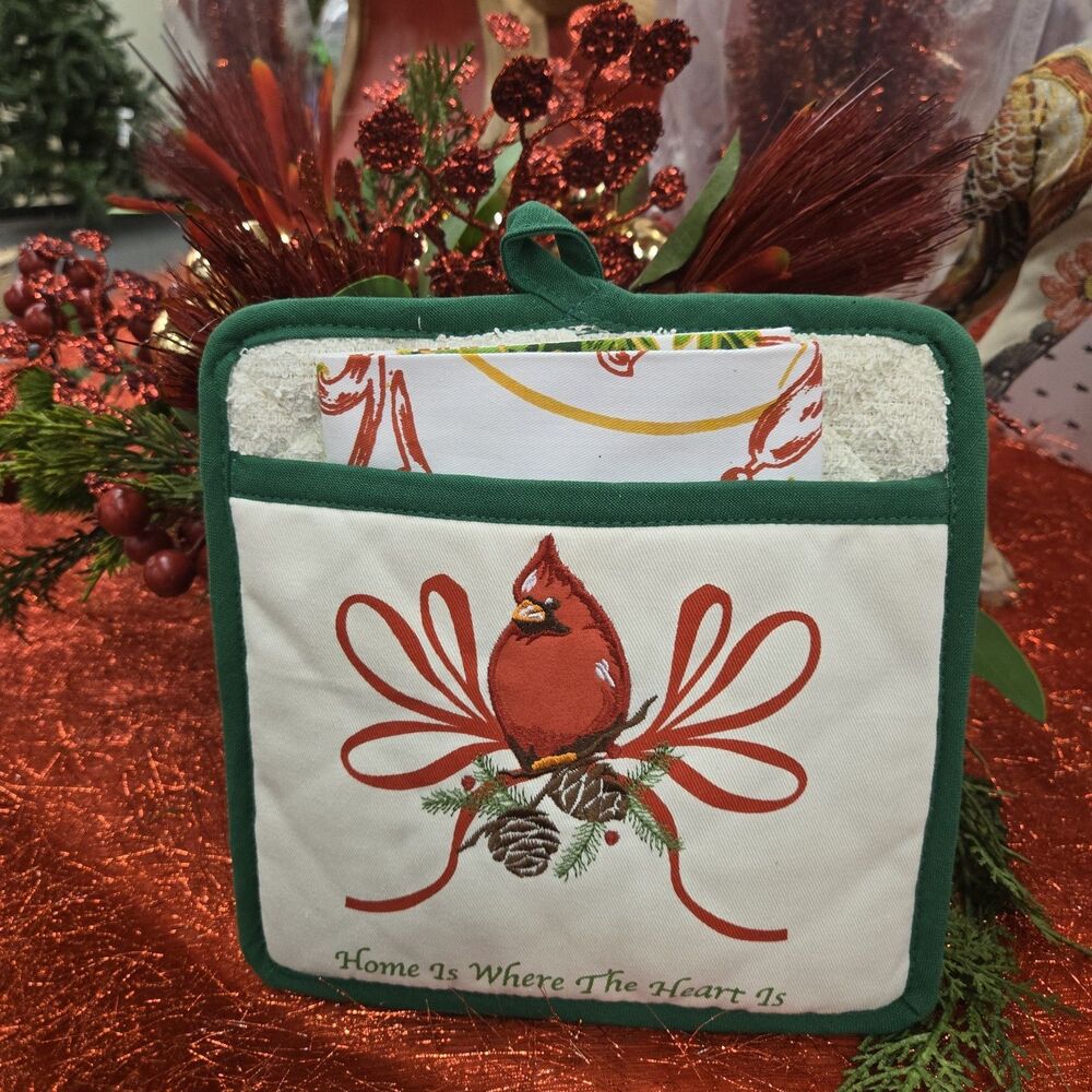CARDINAL POTHOLDERS 1 Kitchen LENOX NEW Christmas Winter OVEN MITT Bonus Towel